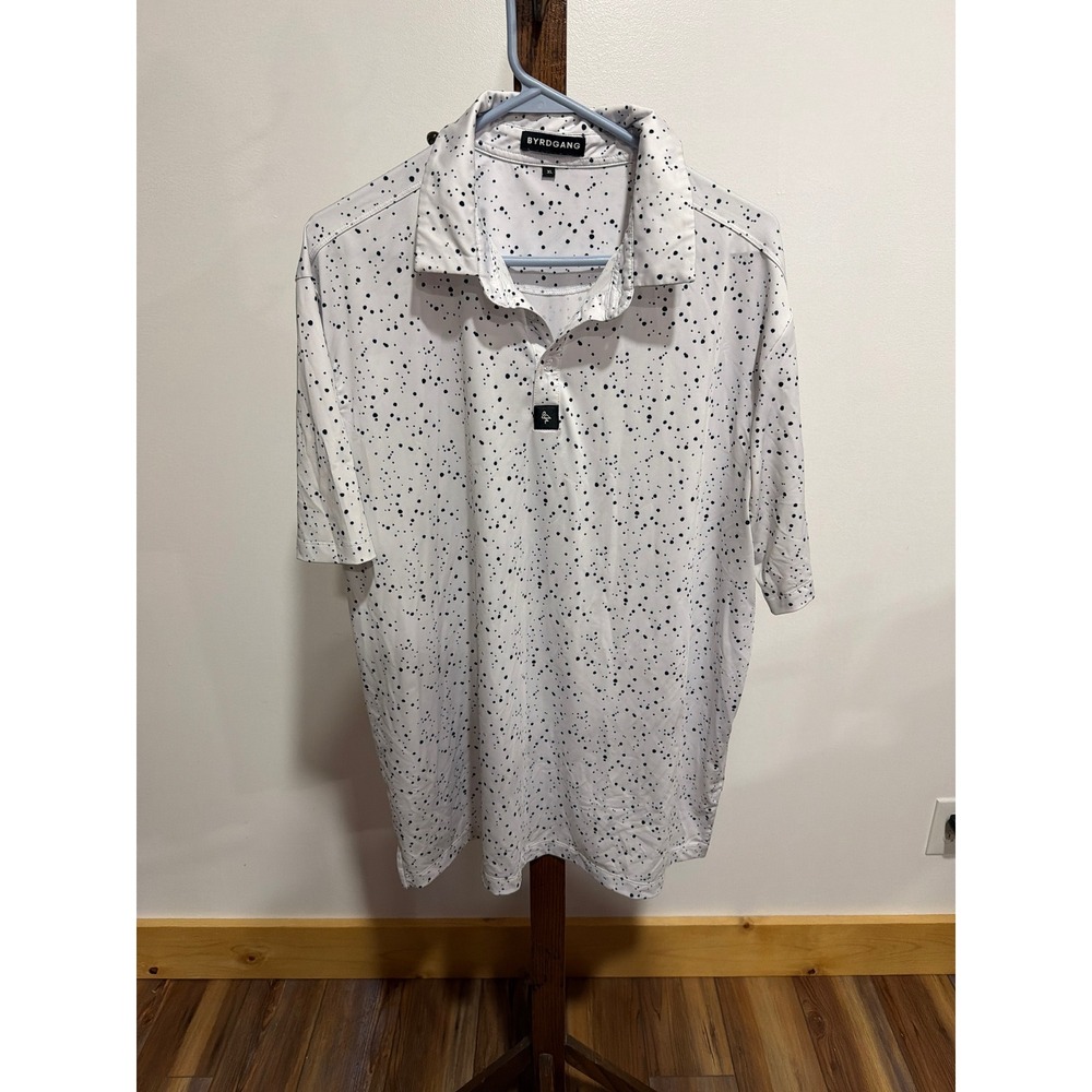 Byrdgang Mens XL White Black Splatter Print Golf Polo Shirt Performance Stretch